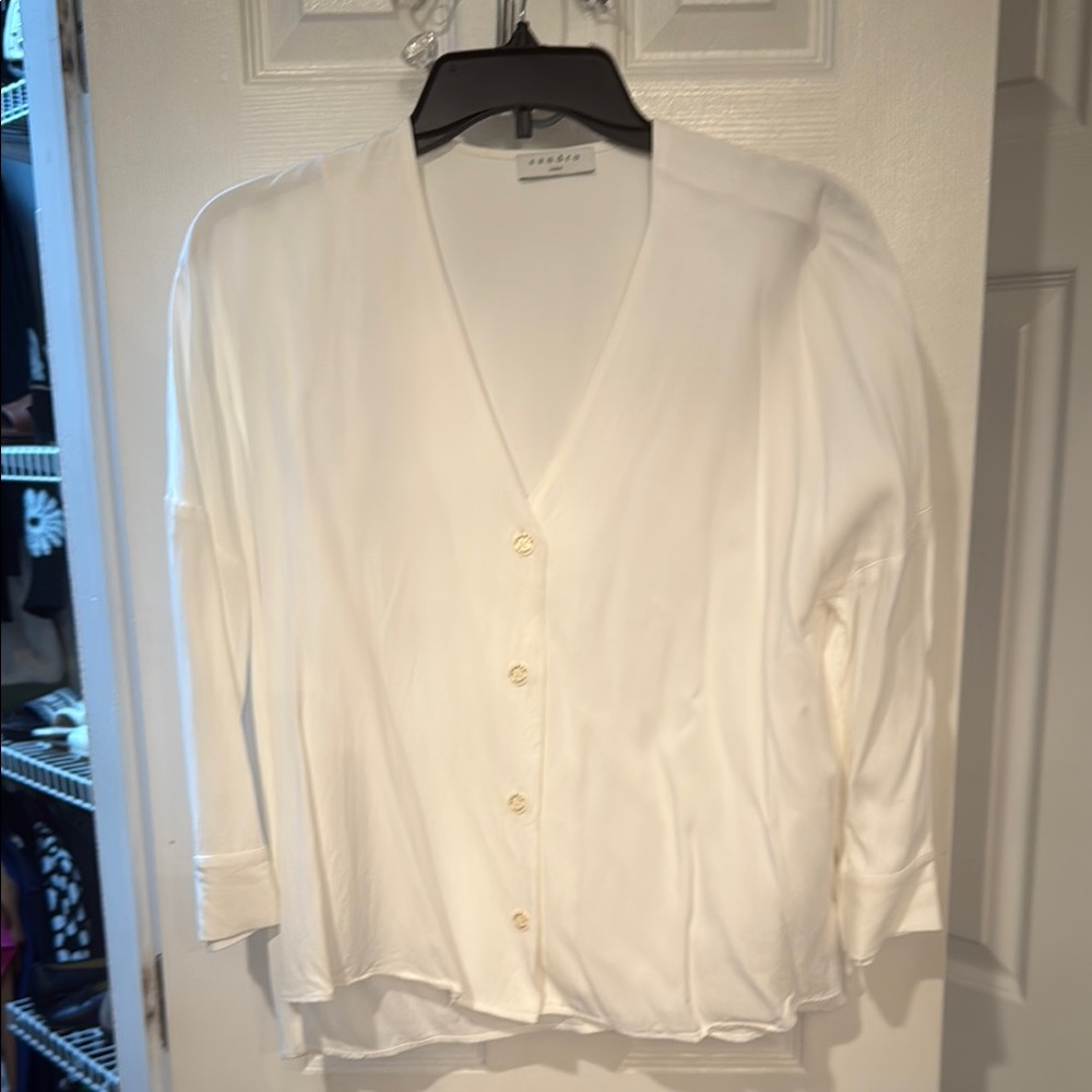 Sandro White 3/4 Sleeve Button Down Shirt Relaxed Fit